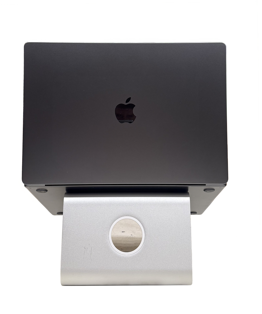 Eliott's computer, waiting to be decorated. Drop logos anywhere on its body or stand.